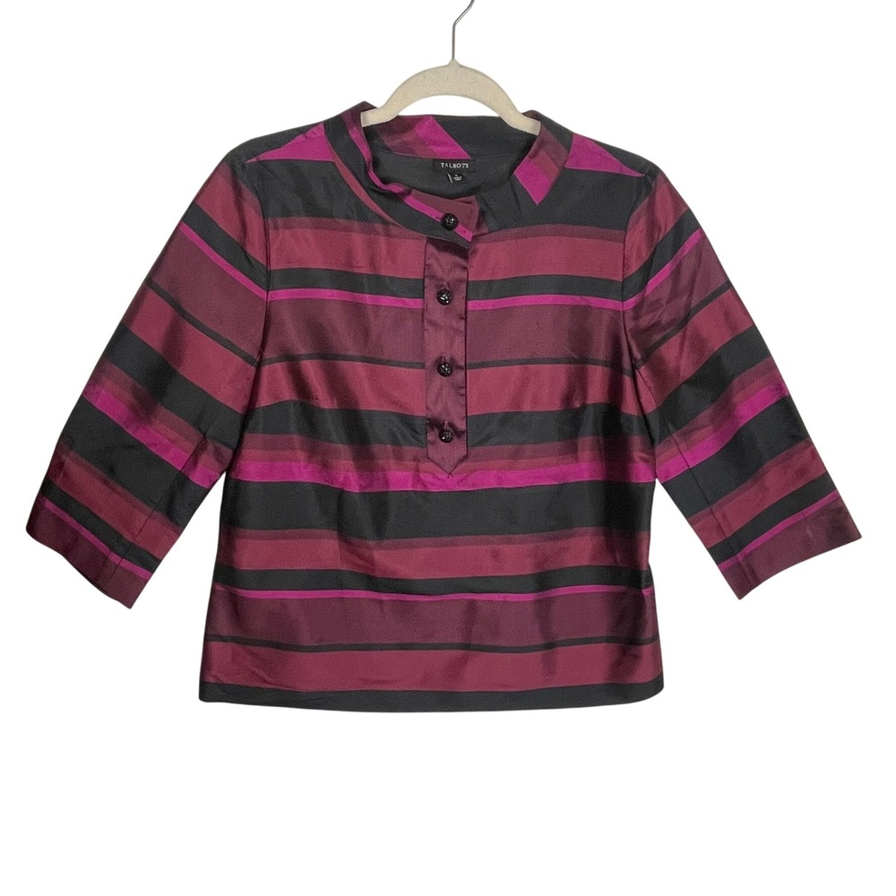 Talbots Sz 8 Silk Striped Blouse Black Burgundy Magenta 3/4 Sleeve Jewel Button‎